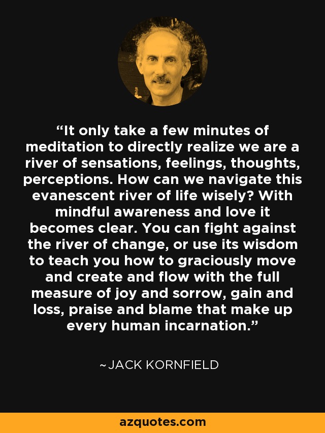 It only take a few minutes of meditation to directly realize we are a river of sensations, feelings, thoughts, perceptions. How can we navigate this evanescent river of life wisely? With mindful awareness and love it becomes clear. You can fight against the river of change, or use its wisdom to teach you how to graciously move and create and flow with the full measure of joy and sorrow, gain and loss, praise and blame that make up every human incarnation. - Jack Kornfield