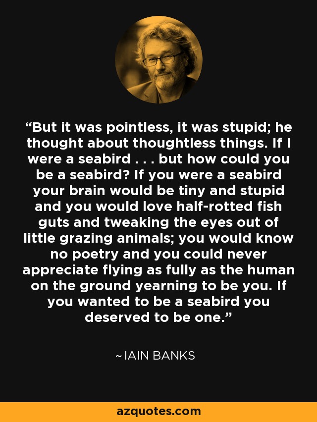 But it was pointless, it was stupid; he thought about thoughtless things. If I were a seabird . . . but how could you be a seabird? If you were a seabird your brain would be tiny and stupid and you would love half-rotted fish guts and tweaking the eyes out of little grazing animals; you would know no poetry and you could never appreciate flying as fully as the human on the ground yearning to be you. If you wanted to be a seabird you deserved to be one. - Iain Banks