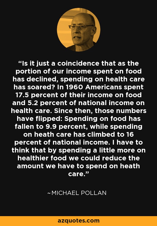 Is it just a coincidence that as the portion of our income spent on food has declined, spending on health care has soared? In 1960 Americans spent 17.5 percent of their income on food and 5.2 percent of national income on health care. Since then, those numbers have flipped: Spending on food has fallen to 9.9 percent, while spending on heath care has climbed to 16 percent of national income. I have to think that by spending a little more on healthier food we could reduce the amount we have to spend on heath care. - Michael Pollan