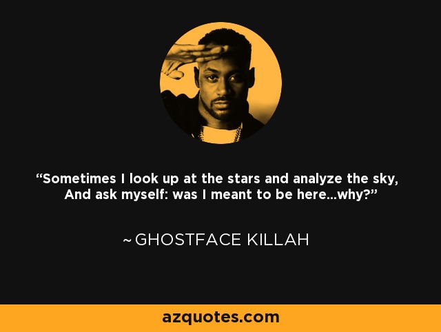 Sometimes I look up at the stars and analyze the sky, And ask myself: was I meant to be here...why? - Ghostface Killah