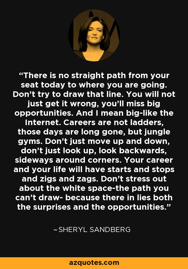 There is no straight path from your seat today to where you are going. Don't try to draw that line. You will not just get it wrong, you'll miss big opportunities. And I mean big-like the Internet. Careers are not ladders, those days are long gone, but jungle gyms. Don't just move up and down, don't just look up, look backwards, sideways around corners. Your career and your life will have starts and stops and zigs and zags. Don't stress out about the white space-the path you can't draw- because there in lies both the surprises and the opportunities. - Sheryl Sandberg