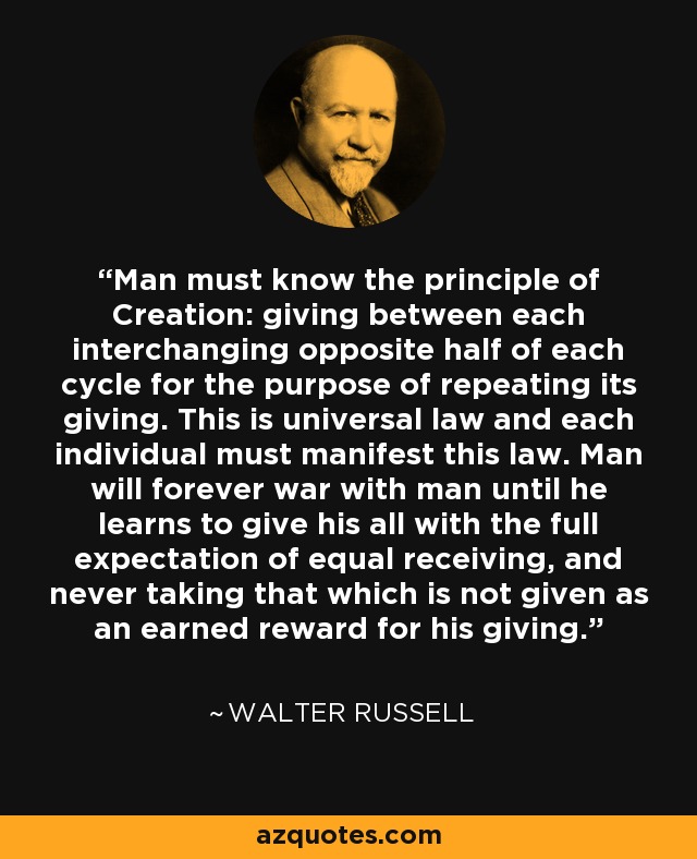 Man must know the principle of Creation: giving between each interchanging opposite half of each cycle for the purpose of repeating its giving. This is universal law and each individual must manifest this law. Man will forever war with man until he learns to give his all with the full expectation of equal receiving, and never taking that which is not given as an earned reward for his giving. - Walter Russell