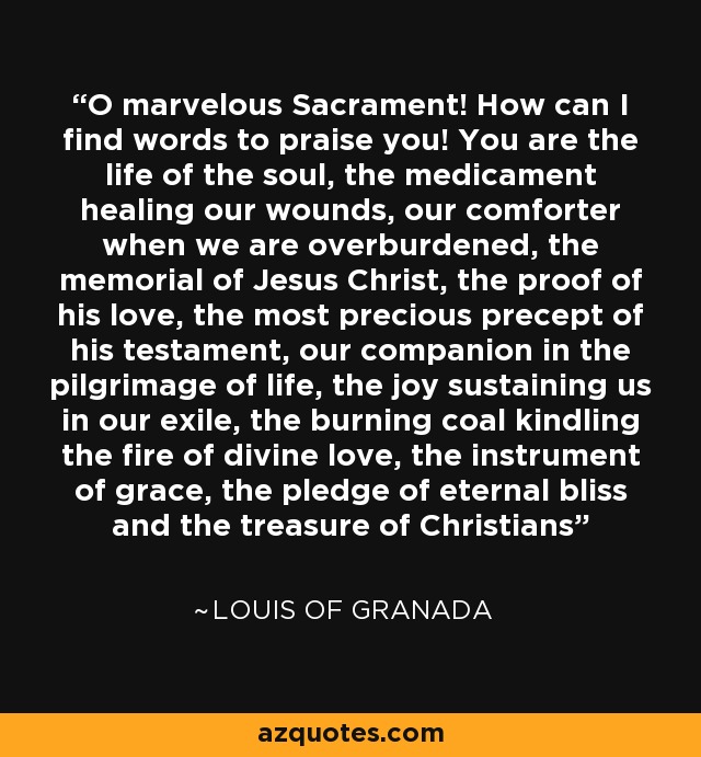 O marvelous Sacrament! How can I find words to praise you! You are the life of the soul, the medicament healing our wounds, our comforter when we are overburdened, the memorial of Jesus Christ, the proof of his love, the most precious precept of his testament, our companion in the pilgrimage of life, the joy sustaining us in our exile, the burning coal kindling the fire of divine love, the instrument of grace, the pledge of eternal bliss and the treasure of Christians - Louis of Granada