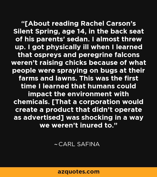 [About reading Rachel Carson's Silent Spring, age 14, in the back seat of his parents' sedan. I almost threw up. I got physically ill when I learned that ospreys and peregrine falcons weren't raising chicks because of what people were spraying on bugs at their farms and lawns. This was the first time I learned that humans could impact the environment with chemicals. [That a corporation would create a product that didn't operate as advertised] was shocking in a way we weren't inured to. - Carl Safina