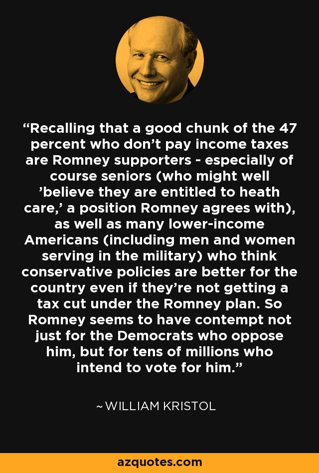 Recalling that a good chunk of the 47 percent who don't pay income taxes are Romney supporters - especially of course seniors (who might well 'believe they are entitled to heath care,' a position Romney agrees with), as well as many lower-income Americans (including men and women serving in the military) who think conservative policies are better for the country even if they're not getting a tax cut under the Romney plan. So Romney seems to have contempt not just for the Democrats who oppose him, but for tens of millions who intend to vote for him. - William Kristol