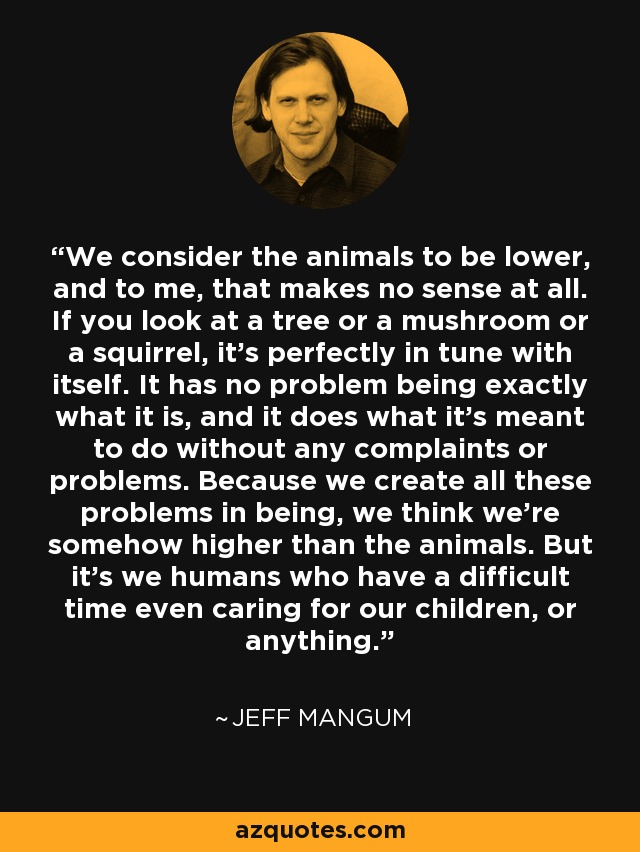 We consider the animals to be lower, and to me, that makes no sense at all. If you look at a tree or a mushroom or a squirrel, it's perfectly in tune with itself. It has no problem being exactly what it is, and it does what it's meant to do without any complaints or problems. Because we create all these problems in being, we think we're somehow higher than the animals. But it's we humans who have a difficult time even caring for our children, or anything. - Jeff Mangum