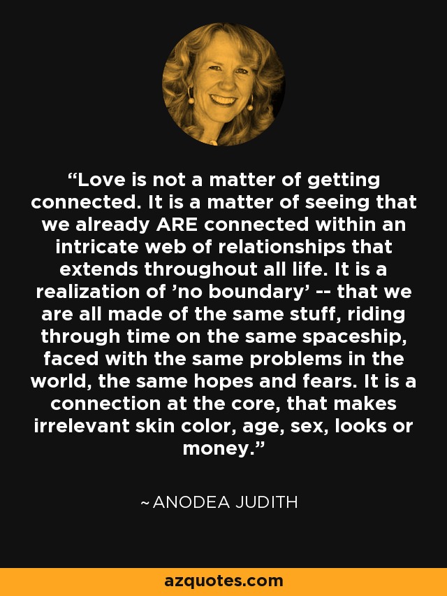 Love is not a matter of getting connected. It is a matter of seeing that we already ARE connected within an intricate web of relationships that extends throughout all life. It is a realization of 'no boundary' -- that we are all made of the same stuff, riding through time on the same spaceship, faced with the same problems in the world, the same hopes and fears. It is a connection at the core, that makes irrelevant skin color, age, sex, looks or money. - Anodea Judith