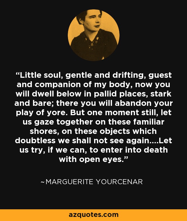Little soul, gentle and drifting, guest and companion of my body, now you will dwell below in pallid places, stark and bare; there you will abandon your play of yore. But one moment still, let us gaze together on these familiar shores, on these objects which doubtless we shall not see again....Let us try, if we can, to enter into death with open eyes. - Marguerite Yourcenar