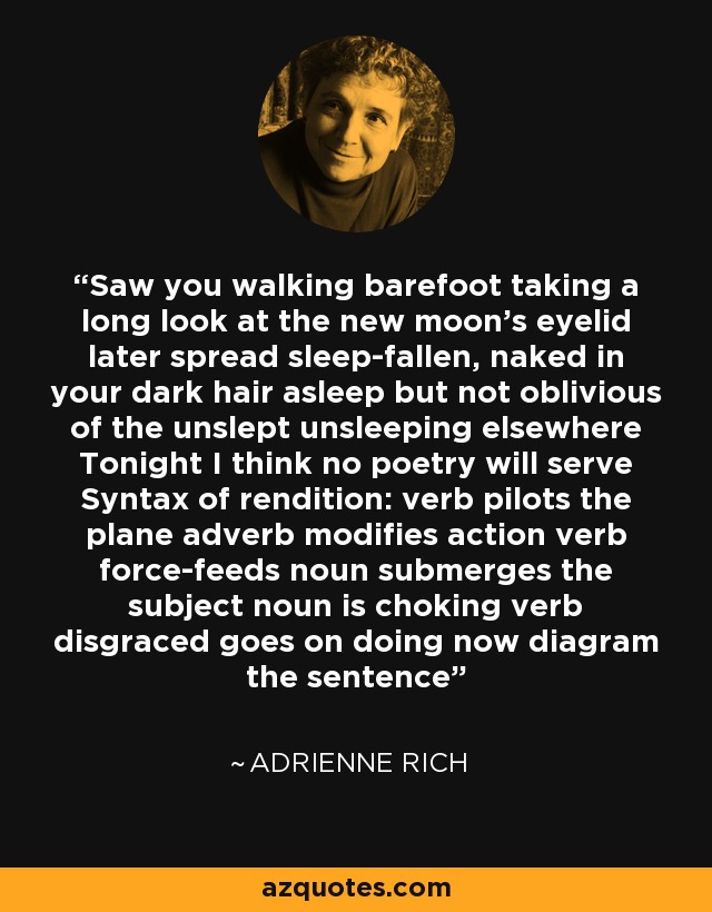 Saw you walking barefoot taking a long look at the new moon's eyelid later spread sleep-fallen, naked in your dark hair asleep but not oblivious of the unslept unsleeping elsewhere Tonight I think no poetry will serve Syntax of rendition: verb pilots the plane adverb modifies action verb force-feeds noun submerges the subject noun is choking verb disgraced goes on doing now diagram the sentence - Adrienne Rich