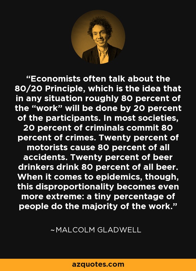 Economists often talk about the 80/20 Principle, which is the idea that in any situation roughly 80 percent of the “work” will be done by 20 percent of the participants. In most societies, 20 percent of criminals commit 80 percent of crimes. Twenty percent of motorists cause 80 percent of all accidents. Twenty percent of beer drinkers drink 80 percent of all beer. When it comes to epidemics, though, this disproportionality becomes even more extreme: a tiny percentage of people do the majority of the work. - Malcolm Gladwell