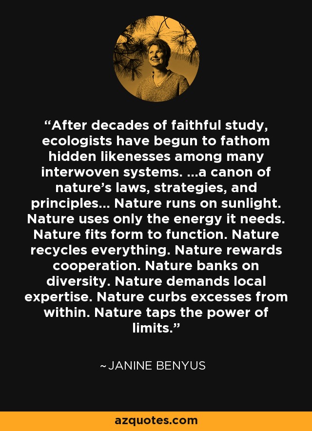 After decades of faithful study, ecologists have begun to fathom hidden likenesses among many interwoven systems. ...a canon of nature's laws, strategies, and principles... Nature runs on sunlight. Nature uses only the energy it needs. Nature fits form to function. Nature recycles everything. Nature rewards cooperation. Nature banks on diversity. Nature demands local expertise. Nature curbs excesses from within. Nature taps the power of limits. - Janine Benyus