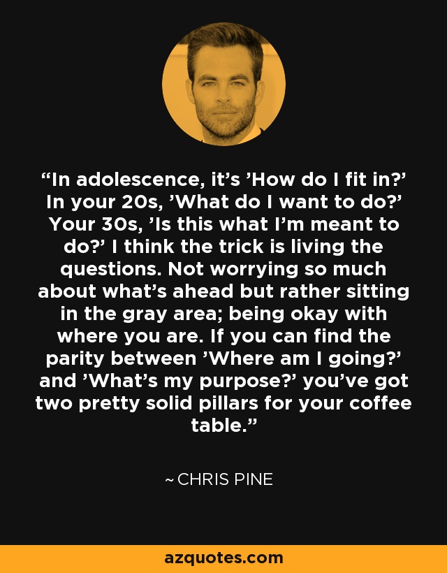 In adolescence, it's 'How do I fit in?' In your 20s, 'What do I want to do?' Your 30s, 'Is this what I'm meant to do?' I think the trick is living the questions. Not worrying so much about what's ahead but rather sitting in the gray area; being okay with where you are. If you can find the parity between 'Where am I going?' and 'What's my purpose?' you've got two pretty solid pillars for your coffee table. - Chris Pine