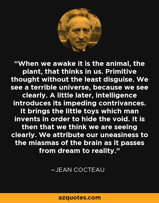 When we awake it is the animal, the plant, that thinks in us. Primitive thought without the least disguise. We see a terrible universe, because we see clearly. A little later, intelligence introduces its impeding contrivances. It brings the little toys which man invents in order to hide the void. It is then that we think we are seeing clearly. We attribute our uneasiness to the miasmas of the brain as it passes from dream to reality. - Jean Cocteau