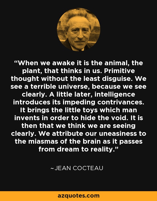When we awake it is the animal, the plant, that thinks in us. Primitive thought without the least disguise. We see a terrible universe, because we see clearly. A little later, intelligence introduces its impeding contrivances. It brings the little toys which man invents in order to hide the void. It is then that we think we are seeing clearly. We attribute our uneasiness to the miasmas of the brain as it passes from dream to reality. - Jean Cocteau