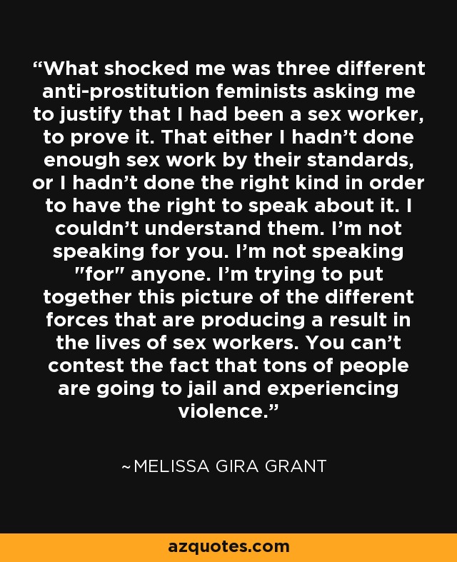 What shocked me was three different anti-prostitution feminists asking me to justify that I had been a sex worker, to prove it. That either I hadn't done enough sex work by their standards, or I hadn't done the right kind in order to have the right to speak about it. I couldn't understand them. I'm not speaking for you. I'm not speaking 