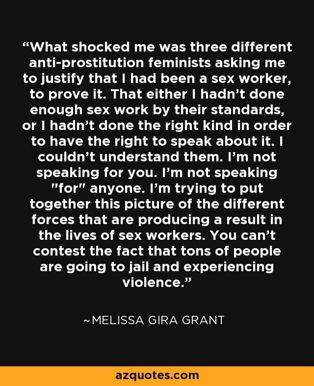 What shocked me was three different anti-prostitution feminists asking me to justify that I had been a sex worker, to prove it. That either I hadn't done enough sex work by their standards, or I hadn't done the right kind in order to have the right to speak about it. I couldn't understand them. I'm not speaking for you. I'm not speaking 