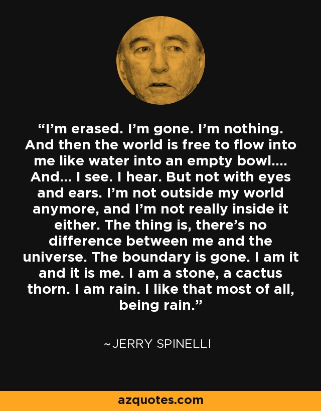 I’m erased. I’m gone. I’m nothing. And then the world is free to flow into me like water into an empty bowl…. And… I see. I hear. But not with eyes and ears. I’m not outside my world anymore, and I’m not really inside it either. The thing is, there’s no difference between me and the universe. The boundary is gone. I am it and it is me. I am a stone, a cactus thorn. I am rain. I like that most of all, being rain. - Jerry Spinelli