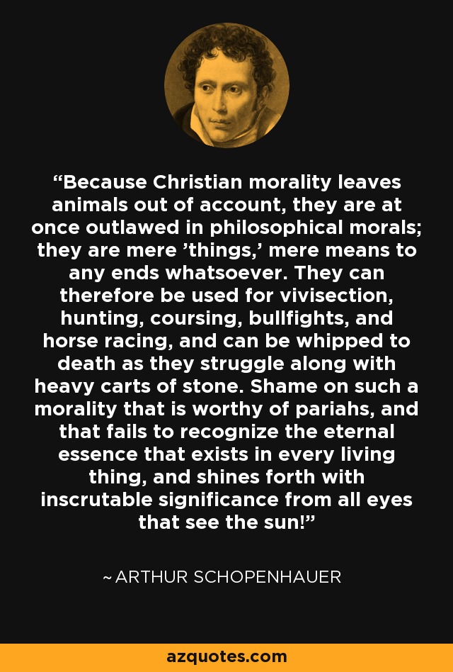 Because Christian morality leaves animals out of account, they are at once outlawed in philosophical morals; they are mere 'things,' mere means to any ends whatsoever. They can therefore be used for vivisection, hunting, coursing, bullfights, and horse racing, and can be whipped to death as they struggle along with heavy carts of stone. Shame on such a morality that is worthy of pariahs, and that fails to recognize the eternal essence that exists in every living thing, and shines forth with inscrutable significance from all eyes that see the sun! - Arthur Schopenhauer