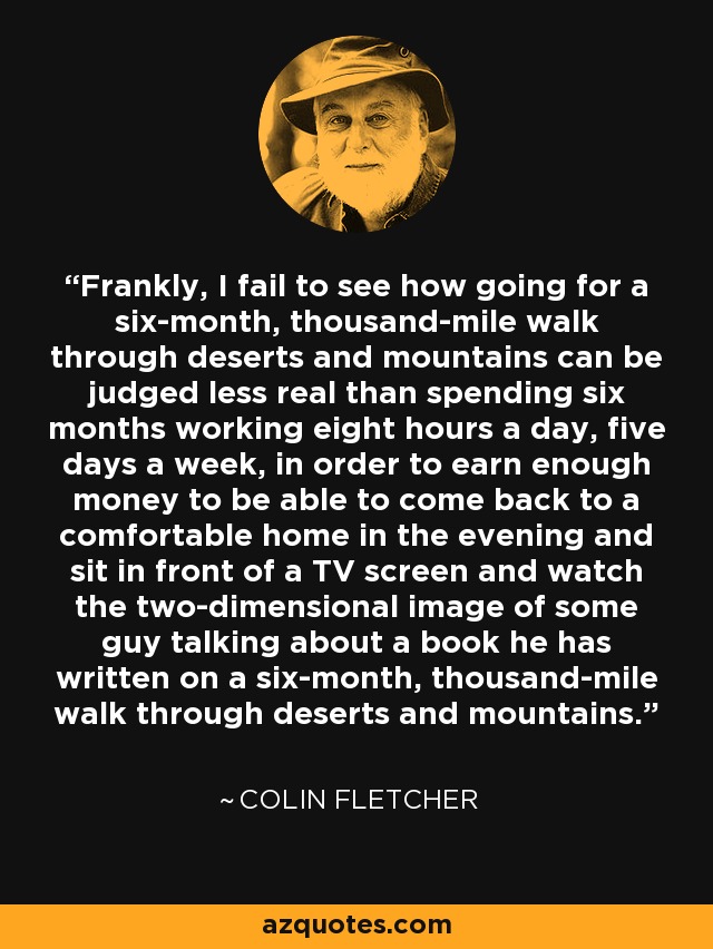 Frankly, I fail to see how going for a six-month, thousand-mile walk through deserts and mountains can be judged less real than spending six months working eight hours a day, five days a week, in order to earn enough money to be able to come back to a comfortable home in the evening and sit in front of a TV screen and watch the two-dimensional image of some guy talking about a book he has written on a six-month, thousand-mile walk through deserts and mountains. - Colin Fletcher