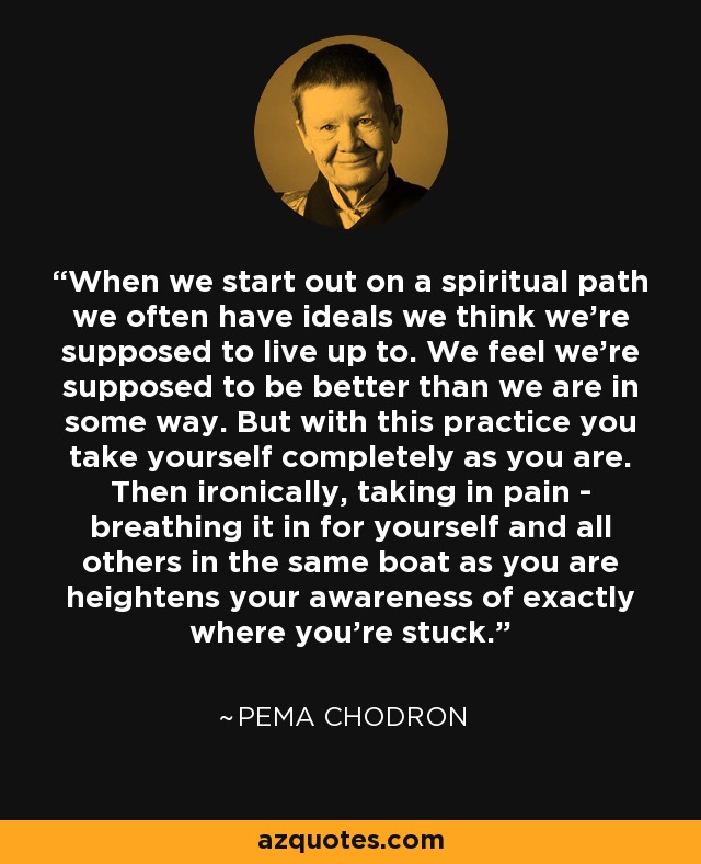 When we start out on a spiritual path we often have ideals we think we're supposed to live up to. We feel we're supposed to be better than we are in some way. But with this practice you take yourself completely as you are. Then ironically, taking in pain - breathing it in for yourself and all others in the same boat as you are heightens your awareness of exactly where you're stuck. - Pema Chodron