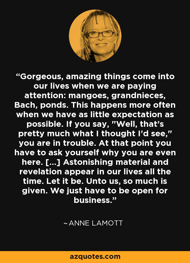 Gorgeous, amazing things come into our lives when we are paying attention: mangoes, grandnieces, Bach, ponds. This happens more often when we have as little expectation as possible. If you say, 