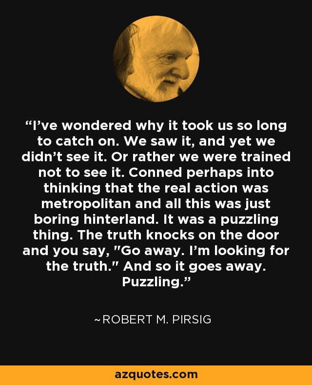 I've wondered why it took us so long to catch on. We saw it, and yet we didn't see it. Or rather we were trained not to see it. Conned perhaps into thinking that the real action was metropolitan and all this was just boring hinterland. It was a puzzling thing. The truth knocks on the door and you say, 