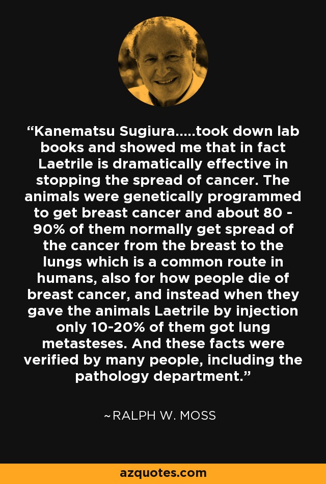 Kanematsu Sugiura.....took down lab books and showed me that in fact Laetrile is dramatically effective in stopping the spread of cancer. The animals were genetically programmed to get breast cancer and about 80 - 90% of them normally get spread of the cancer from the breast to the lungs which is a common route in humans, also for how people die of breast cancer, and instead when they gave the animals Laetrile by injection only 10-20% of them got lung metasteses. And these facts were verified by many people, including the pathology department. - Ralph W. Moss