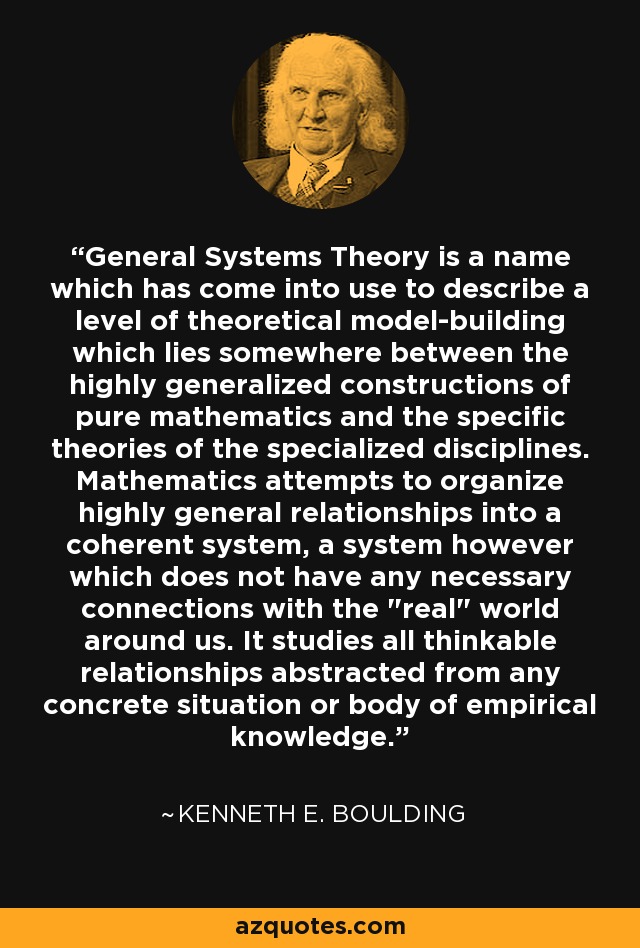 General Systems Theory is a name which has come into use to describe a level of theoretical model-building which lies somewhere between the highly generalized constructions of pure mathematics and the specific theories of the specialized disciplines. Mathematics attempts to organize highly general relationships into a coherent system, a system however which does not have any necessary connections with the 