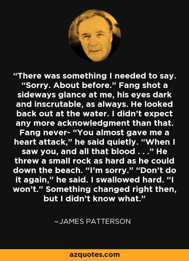 There was something I needed to say. “Sorry. About before.” Fang shot a sideways glance at me, his eyes dark and inscrutable, as always. He looked back out at the water. I didn’t expect any more acknowledgment than that. Fang never- “You almost gave me a heart attack,” he said quietly. “When I saw you, and all that blood . . .” He threw a small rock as hard as he could down the beach. “I’m sorry.” “Don’t do it again,” he said. I swallowed hard. “I won’t.” Something changed right then, but I didn’t know what. - James Patterson