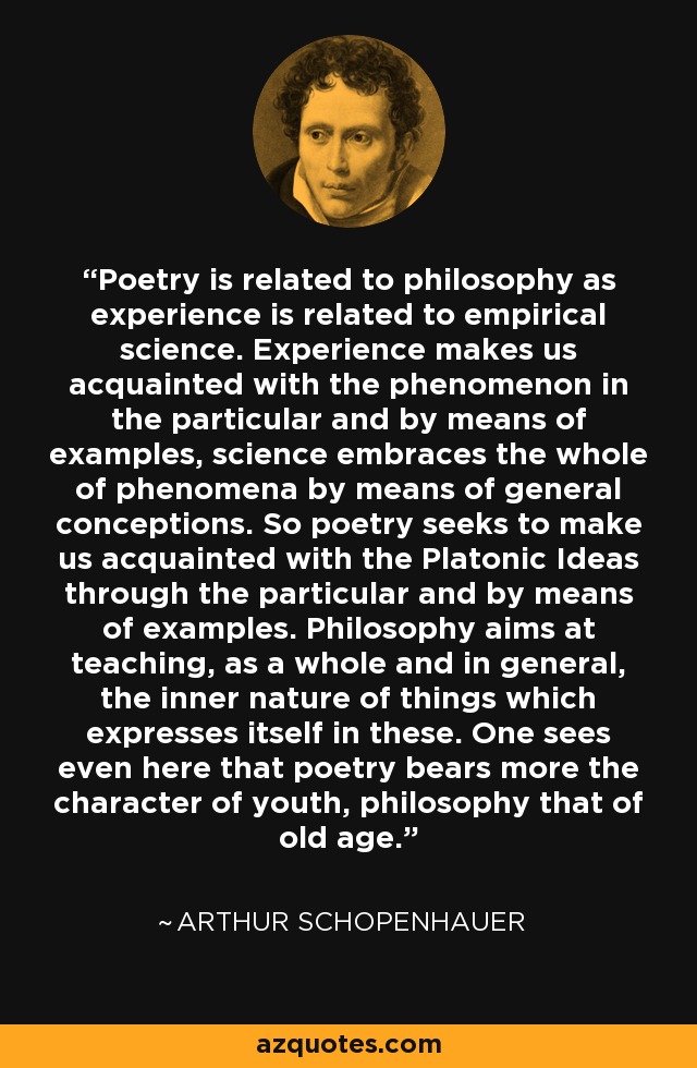 Poetry is related to philosophy as experience is related to empirical science. Experience makes us acquainted with the phenomenon in the particular and by means of examples, science embraces the whole of phenomena by means of general conceptions. So poetry seeks to make us acquainted with the Platonic Ideas through the particular and by means of examples. Philosophy aims at teaching, as a whole and in general, the inner nature of things which expresses itself in these. One sees even here that poetry bears more the character of youth, philosophy that of old age. - Arthur Schopenhauer