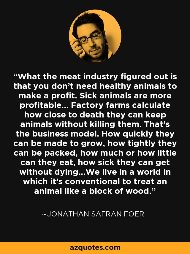 What the meat industry figured out is that you don't need healthy animals to make a profit. Sick animals are more profitable... Factory farms calculate how close to death they can keep animals without killing them. That's the business model. How quickly they can be made to grow, how tightly they can be packed, how much or how little can they eat, how sick they can get without dying...We live in a world in which it's conventional to treat an animal like a block of wood. - Jonathan Safran Foer