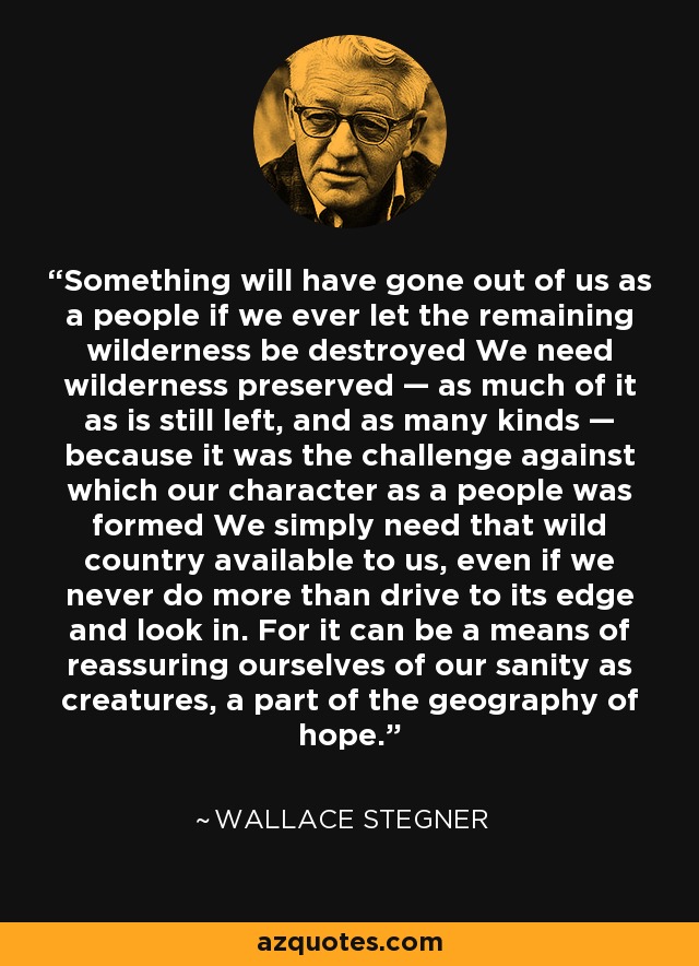 Something will have gone out of us as a people if we ever let the remaining wilderness be destroyed We need wilderness preserved — as much of it as is still left, and as many kinds — because it was the challenge against which our character as a people was formed We simply need that wild country available to us, even if we never do more than drive to its edge and look in. For it can be a means of reassuring ourselves of our sanity as creatures, a part of the geography of hope. - Wallace Stegner