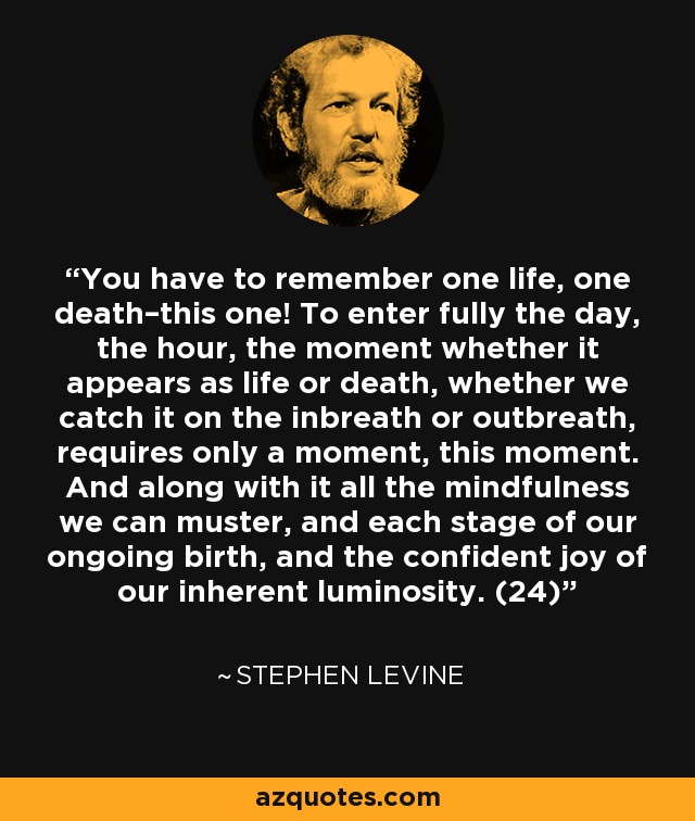 You have to remember one life, one death–this one! To enter fully the day, the hour, the moment whether it appears as life or death, whether we catch it on the inbreath or outbreath, requires only a moment, this moment. And along with it all the mindfulness we can muster, and each stage of our ongoing birth, and the confident joy of our inherent luminosity. (24) - Stephen Levine