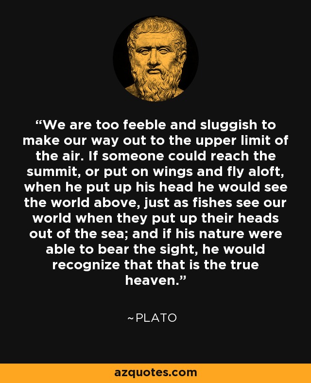 We are too feeble and sluggish to make our way out to the upper limit of the air. If someone could reach the summit, or put on wings and fly aloft, when he put up his head he would see the world above, just as fishes see our world when they put up their heads out of the sea; and if his nature were able to bear the sight, he would recognize that that is the true heaven. - Plato