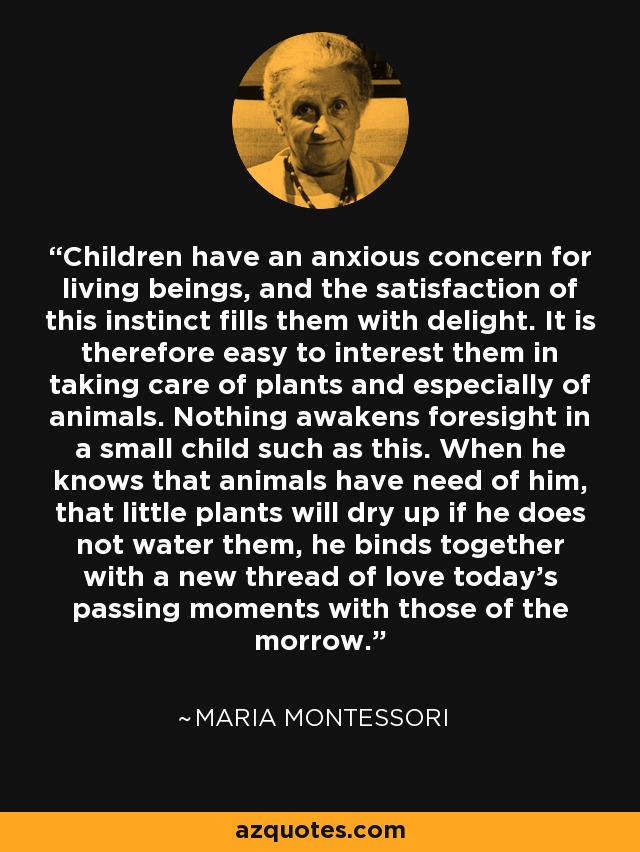 Children have an anxious concern for living beings, and the satisfaction of this instinct fills them with delight. It is therefore easy to interest them in taking care of plants and especially of animals. Nothing awakens foresight in a small child such as this. When he knows that animals have need of him, that little plants will dry up if he does not water them, he binds together with a new thread of love today's passing moments with those of the morrow. - Maria Montessori