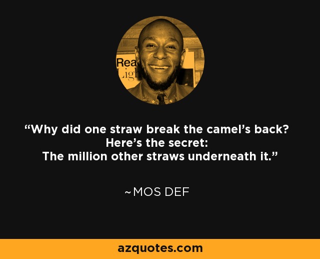 Why did one straw break the camel's back? Here's the secret: The million other straws underneath it. - Mos Def
