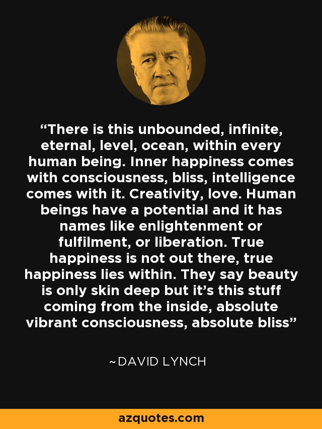 There is this unbounded, infinite, eternal, level, ocean, within every human being. Inner happiness comes with consciousness, bliss, intelligence comes with it. Creativity, love. Human beings have a potential and it has names like enlightenment or fulfilment, or liberation. True happiness is not out there, true happiness lies within. They say beauty is only skin deep but it's this stuff coming from the inside, absolute vibrant consciousness, absolute bliss - David Lynch