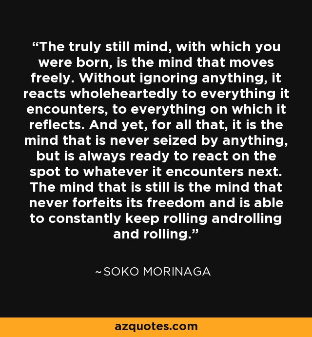 The truly still mind, with which you were born, is the mind that moves freely. Without ignoring anything, it reacts wholeheartedly to everything it encounters, to everything on which it reflects. And yet, for all that, it is the mind that is never seized by anything, but is always ready to react on the spot to whatever it encounters next. The mind that is still is the mind that never forfeits its freedom and is able to constantly keep rolling androlling and rolling. - Soko Morinaga