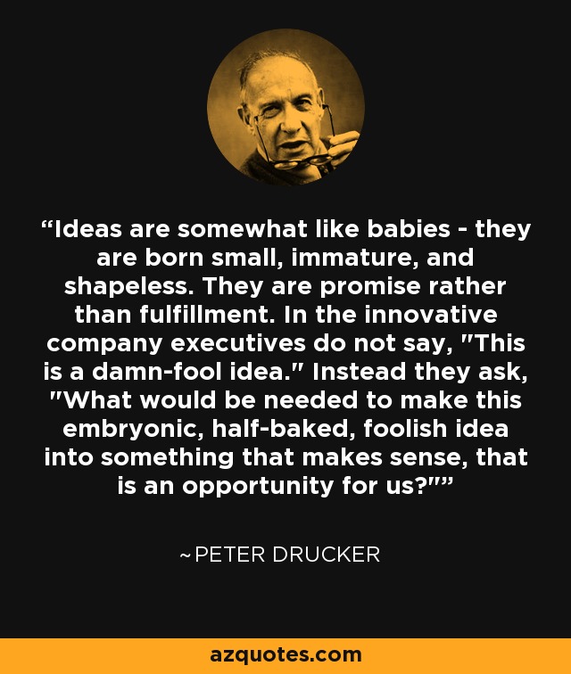 Ideas are somewhat like babies - they are born small, immature, and shapeless. They are promise rather than fulfillment. In the innovative company executives do not say, 