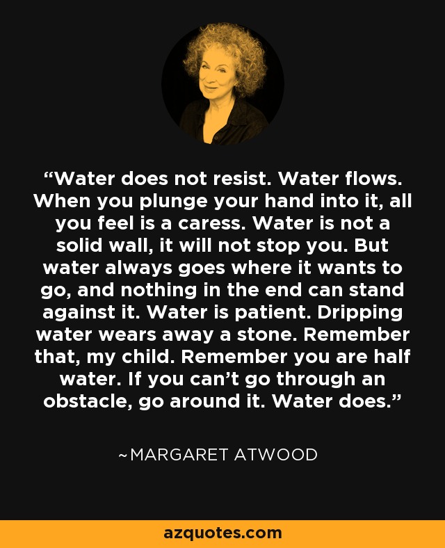 Water does not resist. Water flows. When you plunge your hand into it, all you feel is a caress. Water is not a solid wall, it will not stop you. But water always goes where it wants to go, and nothing in the end can stand against it. Water is patient. Dripping water wears away a stone. Remember that, my child. Remember you are half water. If you can't go through an obstacle, go around it. Water does. - Margaret Atwood