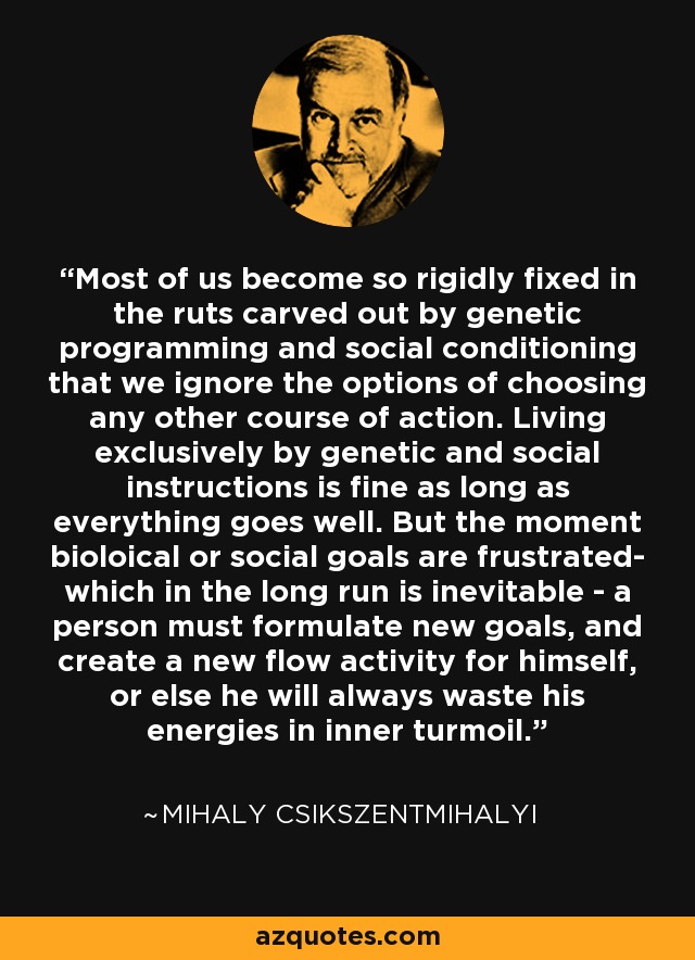 Most of us become so rigidly fixed in the ruts carved out by genetic programming and social conditioning that we ignore the options of choosing any other course of action. Living exclusively by genetic and social instructions is fine as long as everything goes well. But the moment bioloical or social goals are frustrated- which in the long run is inevitable - a person must formulate new goals, and create a new flow activity for himself, or else he will always waste his energies in inner turmoil. - Mihaly Csikszentmihalyi