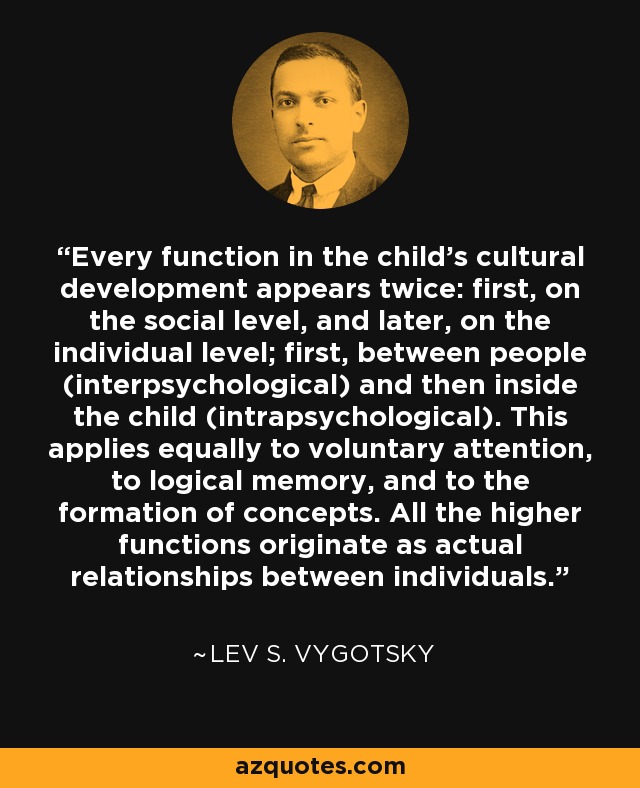 Every function in the child's cultural development appears twice: first, on the social level, and later, on the individual level; first, between people (interpsychological) and then inside the child (intrapsychological). This applies equally to voluntary attention, to logical memory, and to the formation of concepts. All the higher functions originate as actual relationships between individuals. - Lev S. Vygotsky