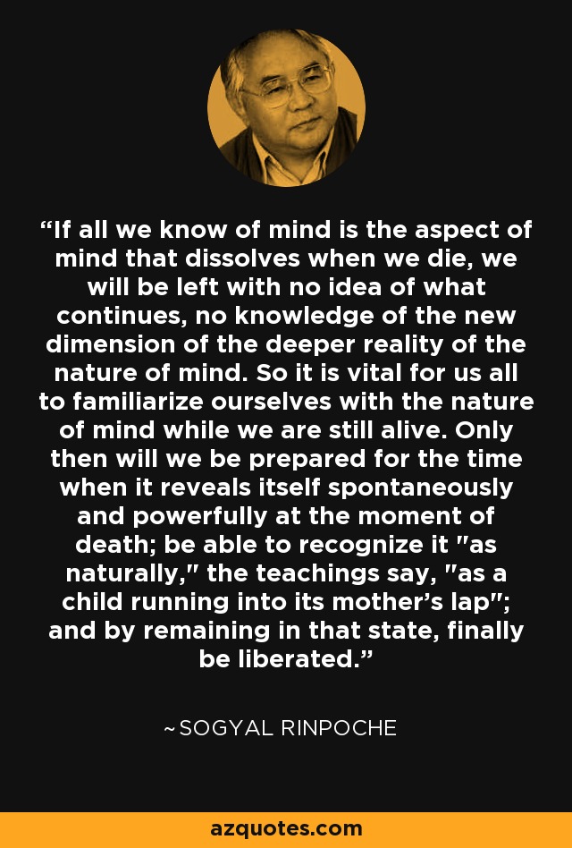 If all we know of mind is the aspect of mind that dissolves when we die, we will be left with no idea of what continues, no knowledge of the new dimension of the deeper reality of the nature of mind. So it is vital for us all to familiarize ourselves with the nature of mind while we are still alive. Only then will we be prepared for the time when it reveals itself spontaneously and powerfully at the moment of death; be able to recognize it 