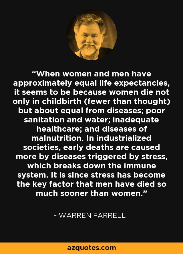 When women and men have approximately equal life expectancies, it seems to be because women die not only in childbirth (fewer than thought) but about equal from diseases; poor sanitation and water; inadequate healthcare; and diseases of malnutrition. In industrialized societies, early deaths are caused more by diseases triggered by stress, which breaks down the immune system. It is since stress has become the key factor that men have died so much sooner than women. - Warren Farrell