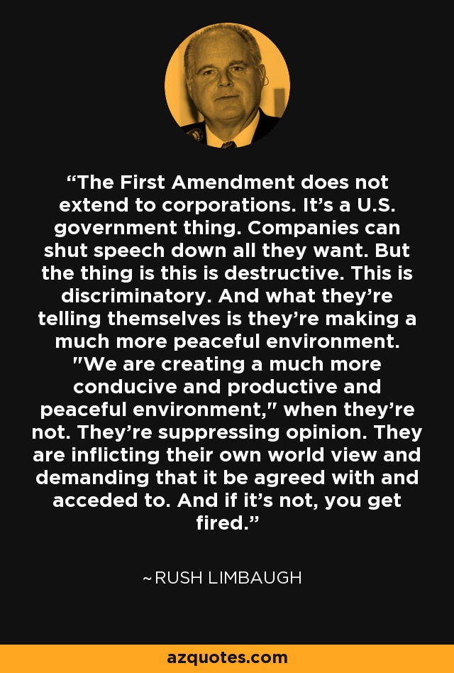 The First Amendment does not extend to corporations. It's a U.S. government thing. Companies can shut speech down all they want. But the thing is this is destructive. This is discriminatory. And what they're telling themselves is they're making a much more peaceful environment. 