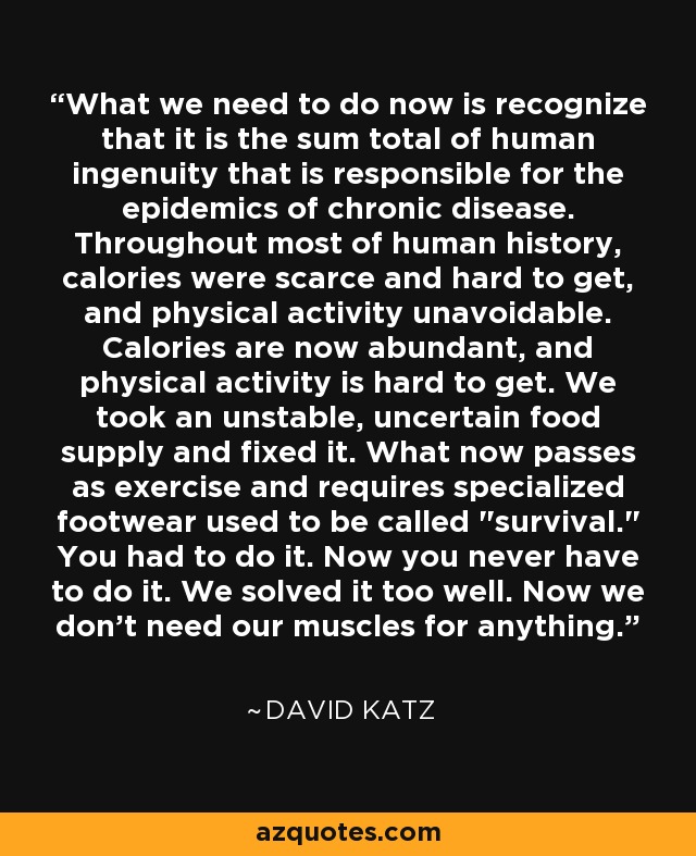 What we need to do now is recognize that it is the sum total of human ingenuity that is responsible for the epidemics of chronic disease. Throughout most of human history, calories were scarce and hard to get, and physical activity unavoidable. Calories are now abundant, and physical activity is hard to get. We took an unstable, uncertain food supply and fixed it. What now passes as exercise and requires specialized footwear used to be called 
