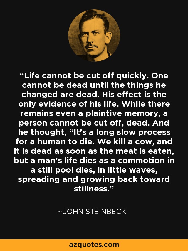 Life cannot be cut off quickly. One cannot be dead until the things he changed are dead. His effect is the only evidence of his life. While there remains even a plaintive memory, a person cannot be cut off, dead. And he thought, “It’s a long slow process for a human to die. We kill a cow, and it is dead as soon as the meat is eaten, but a man’s life dies as a commotion in a still pool dies, in little waves, spreading and growing back toward stillness. - John Steinbeck