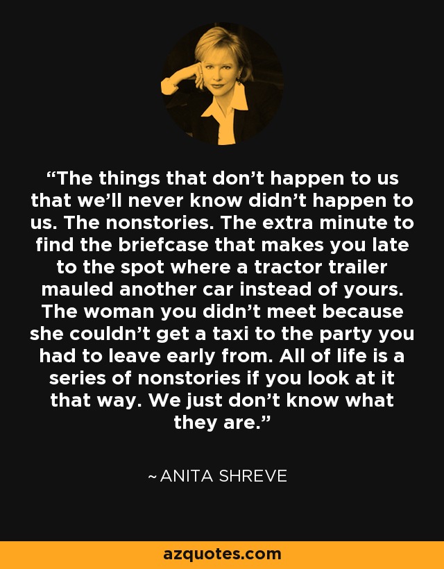 The things that don't happen to us that we'll never know didn't happen to us. The nonstories. The extra minute to find the briefcase that makes you late to the spot where a tractor trailer mauled another car instead of yours. The woman you didn't meet because she couldn't get a taxi to the party you had to leave early from. All of life is a series of nonstories if you look at it that way. We just don't know what they are. - Anita Shreve