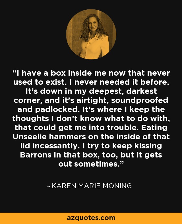 I have a box inside me now that never used to exist. I never needed it before. It's down in my deepest, darkest corner, and it's airtight, soundproofed and padlocked. It's where I keep the thoughts I don't know what to do with, that could get me into trouble. Eating Unseelie hammers on the inside of that lid incessantly. I try to keep kissing Barrons in that box, too, but it gets out sometimes. - Karen Marie Moning