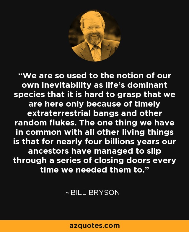 We are so used to the notion of our own inevitability as life's dominant species that it is hard to grasp that we are here only because of timely extraterrestrial bangs and other random flukes. The one thing we have in common with all other living things is that for nearly four billions years our ancestors have managed to slip through a series of closing doors every time we needed them to. - Bill Bryson